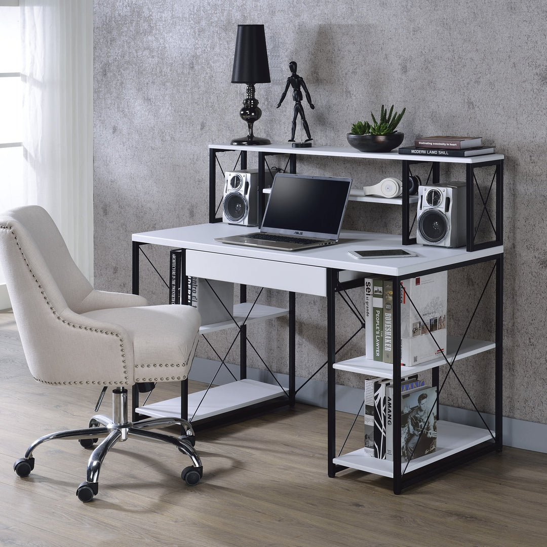 White Finish Writing Computer Desk With 1 Drawer & 8 Open Compartments