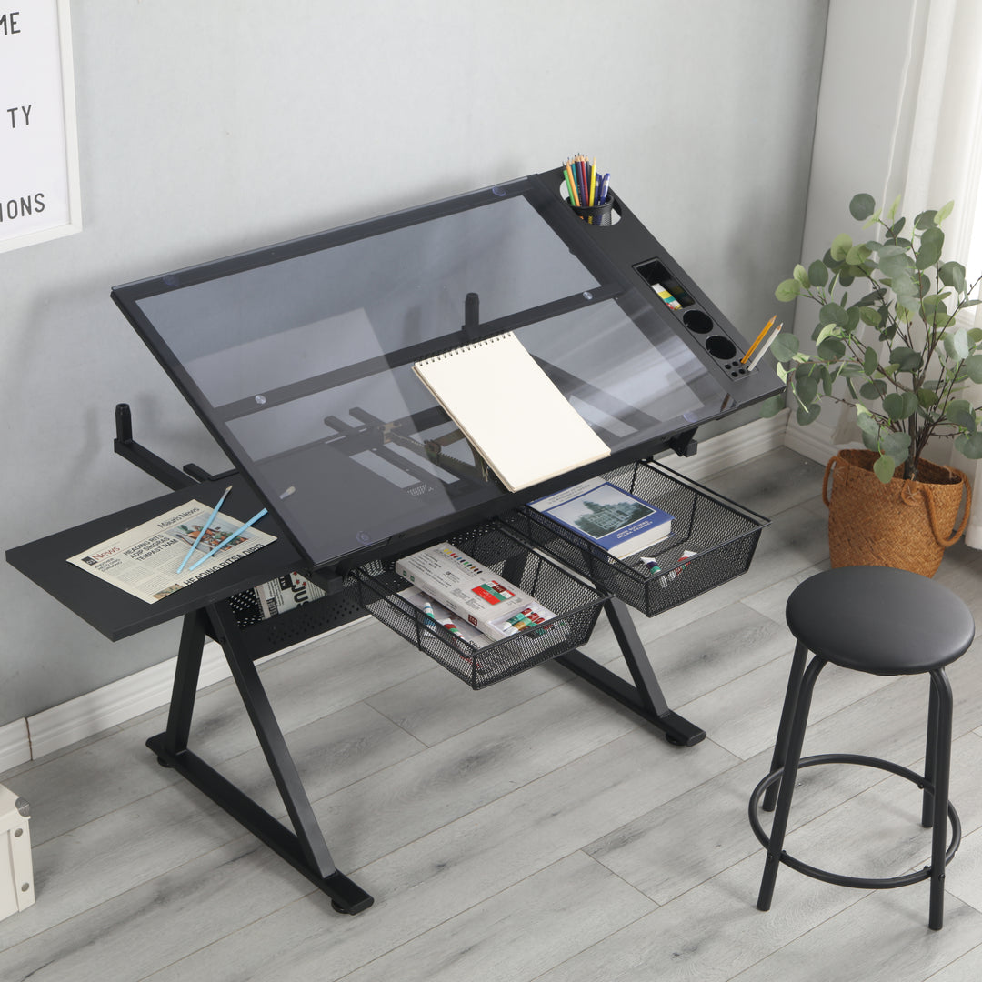 Black Adjustable Tempered Glass Drafting Printing Table With Chair