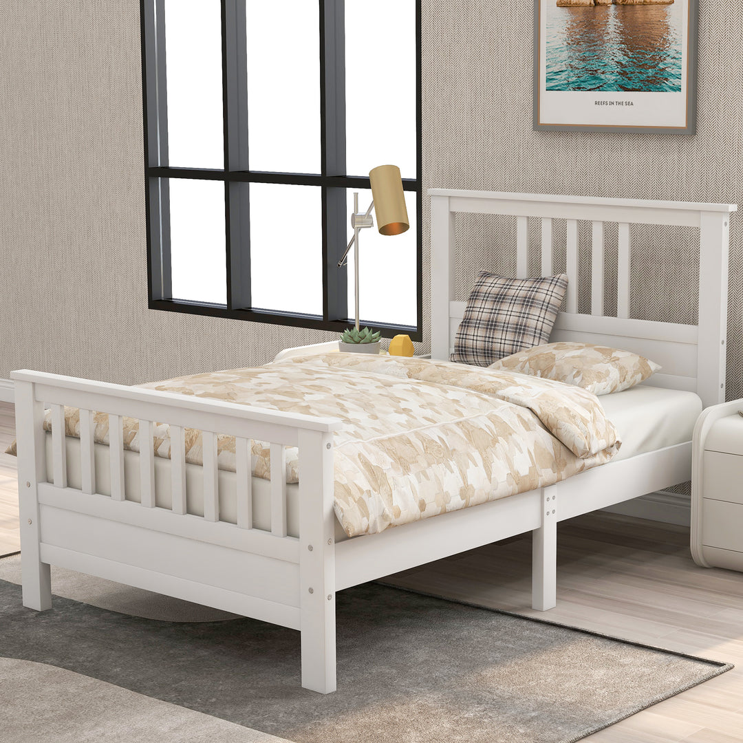 White Pine Wood Twin Size Platform Bed with Paneled Headboard and Footboard