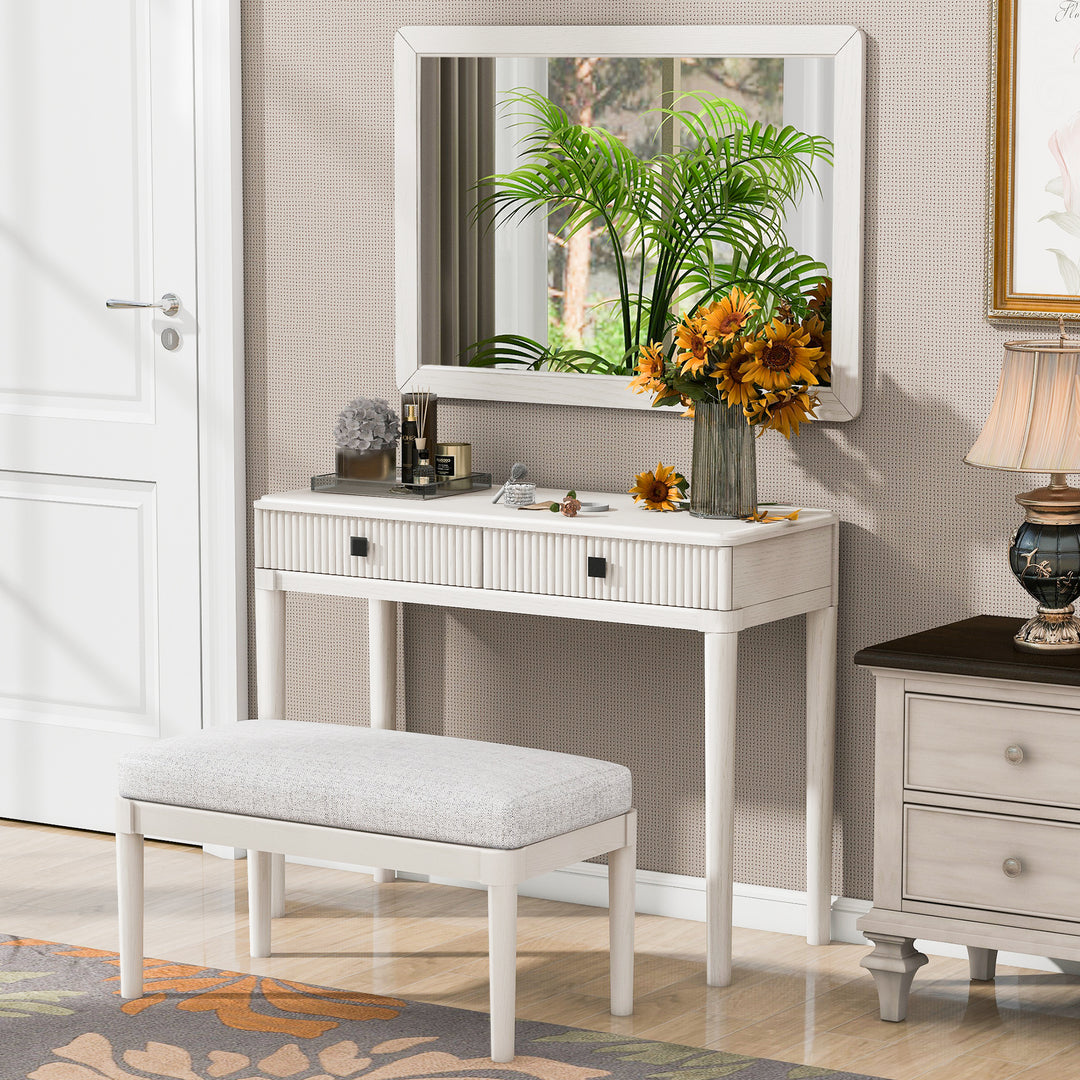Modern White Vanity Desk Set with Stool Mirror & 2 Large Drawers