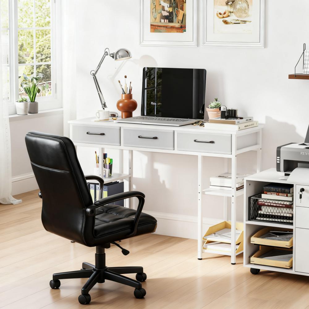 Small White Computer Writing Desk with Fabric Drawers