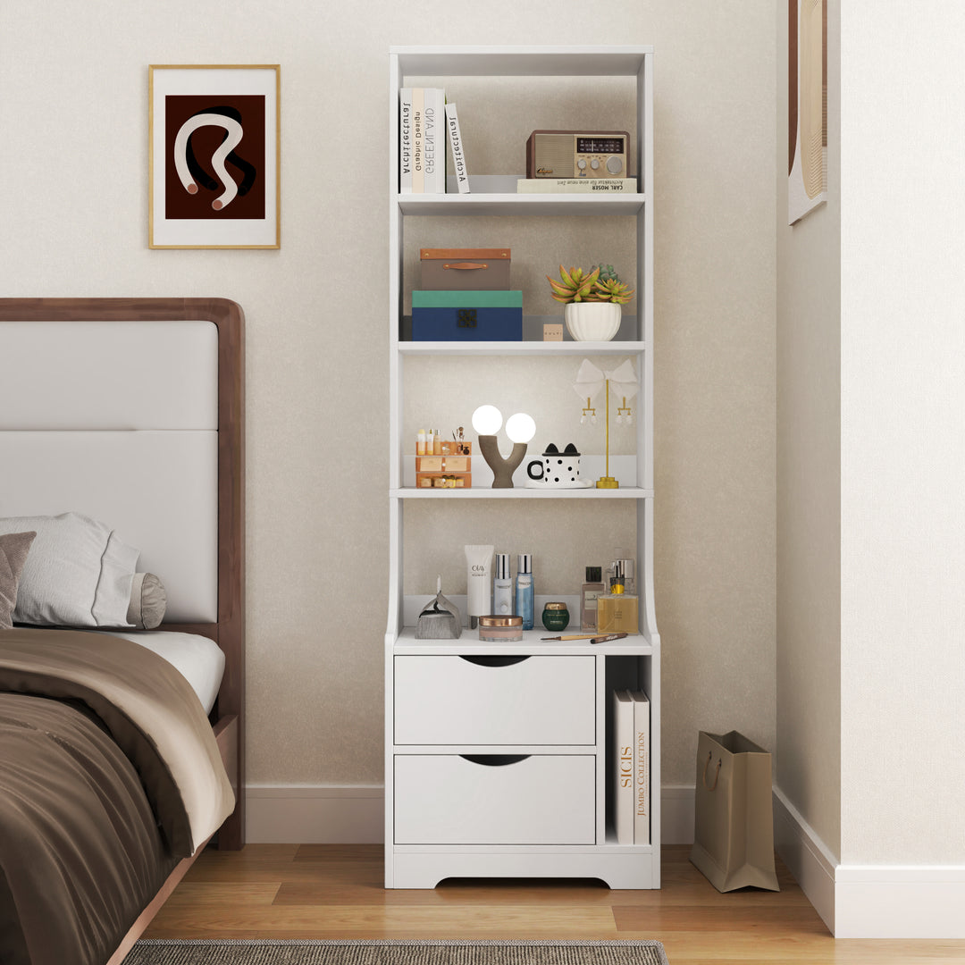 White Night Stand with Bookshelf & 2 Storage Drawers