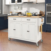 White Kitchen Island Cart with Solid Wood Top and Locking Wheels