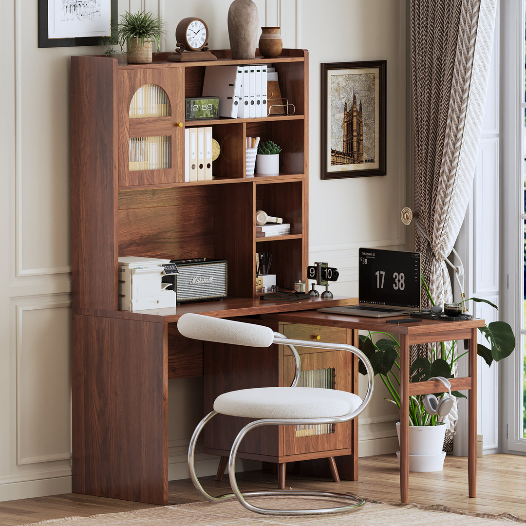 90 Degree Rotating Desktop Computer Desk with Storage Drawer and Cabinets