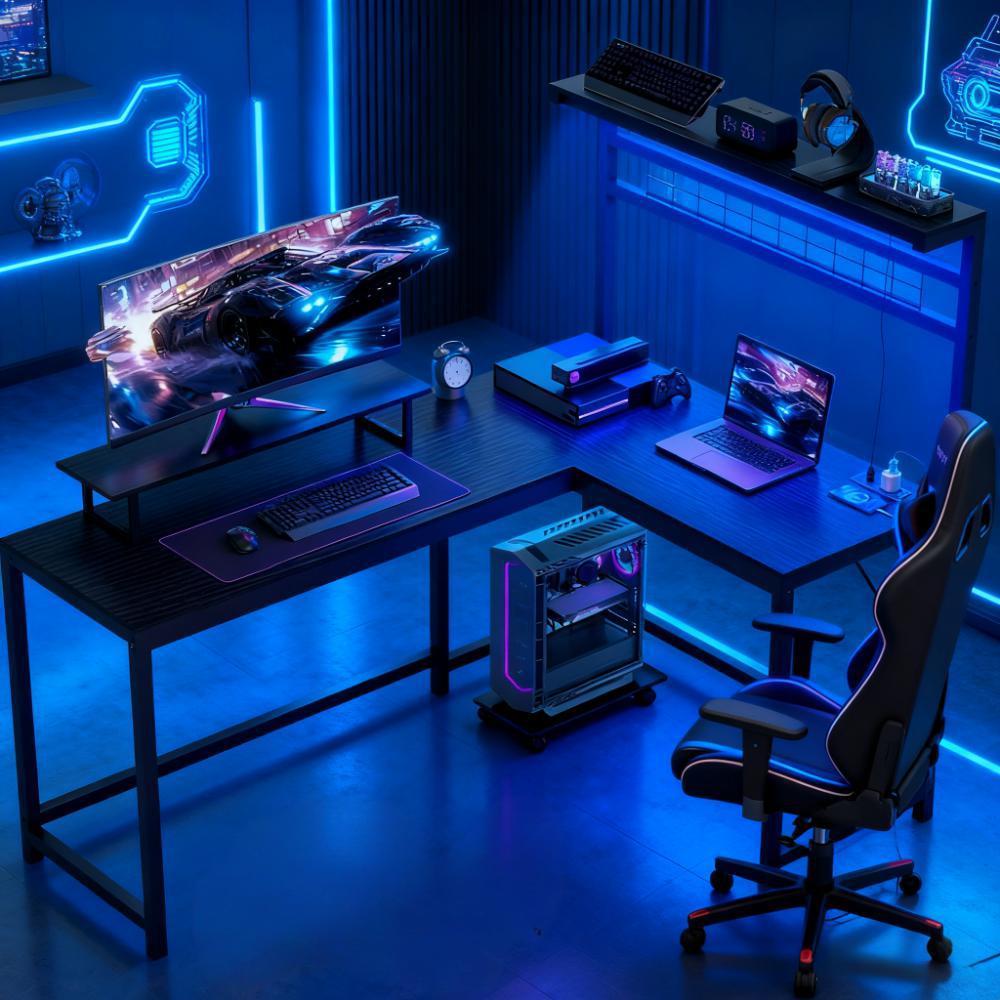 Black L-Shaped Gaming Desk with Monitor Stand Power Outlets & LED Lights