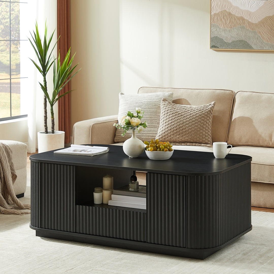 46.5'' Modern Luxury Oval Black Coffee Table With Drawers & Storage Compartments