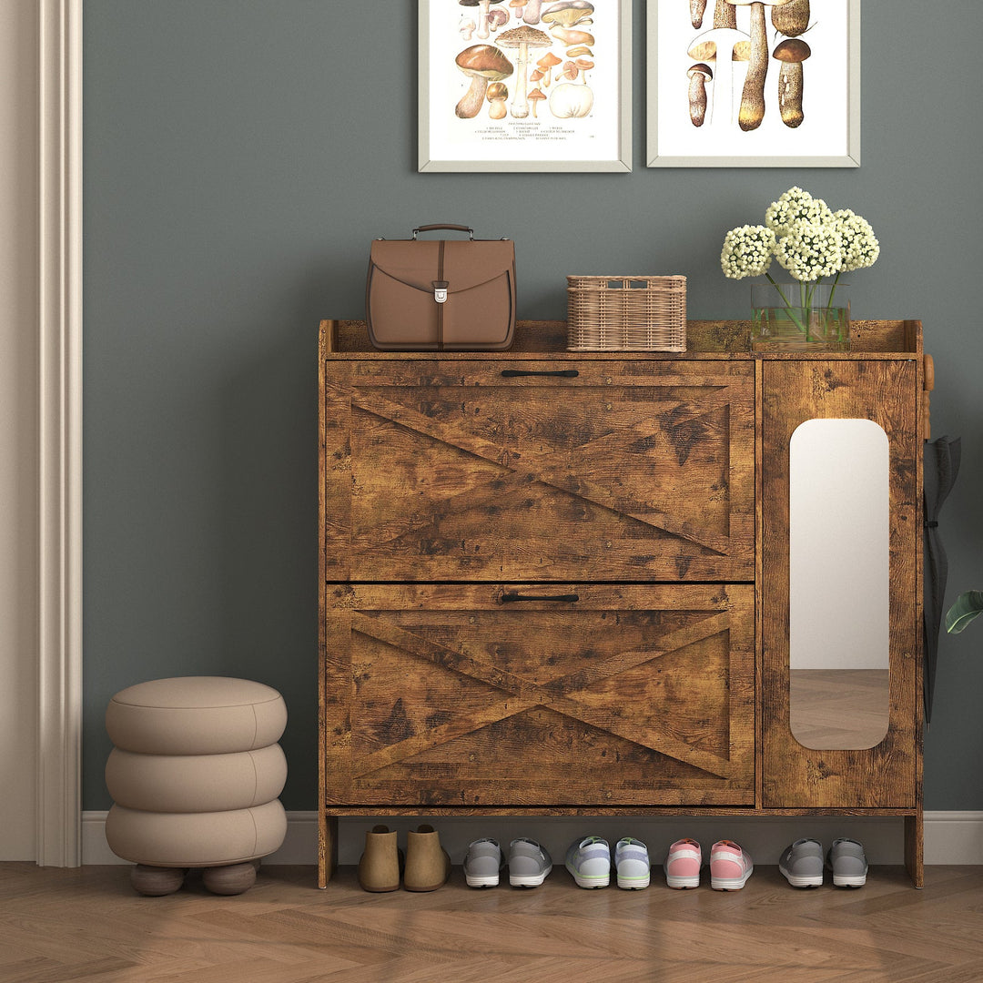 Rustic Brown Narrow Shoe Storage Cabinet with 2 Flip Drawers