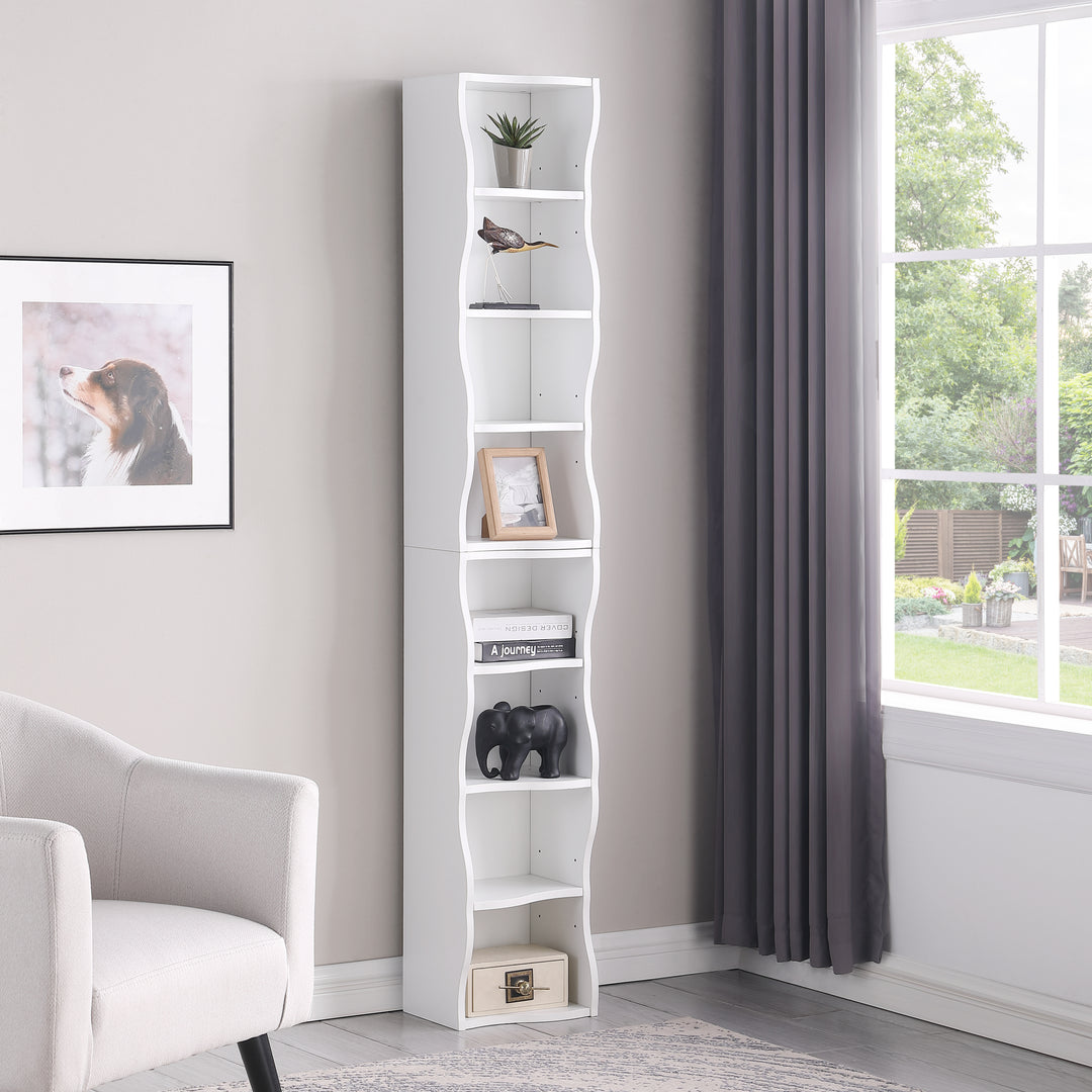 8-Layer Adjustable Shelf Ultra-Thin White Bookshelf With A Wavy Border Design