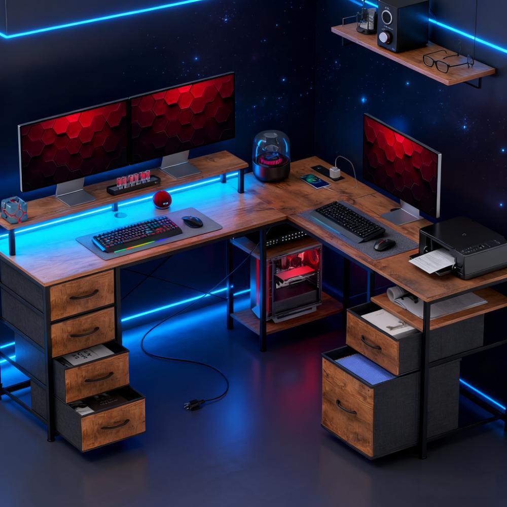 Rustic Brown Corner L-Shaped Computer Desk with Power Outlets and LED Lights