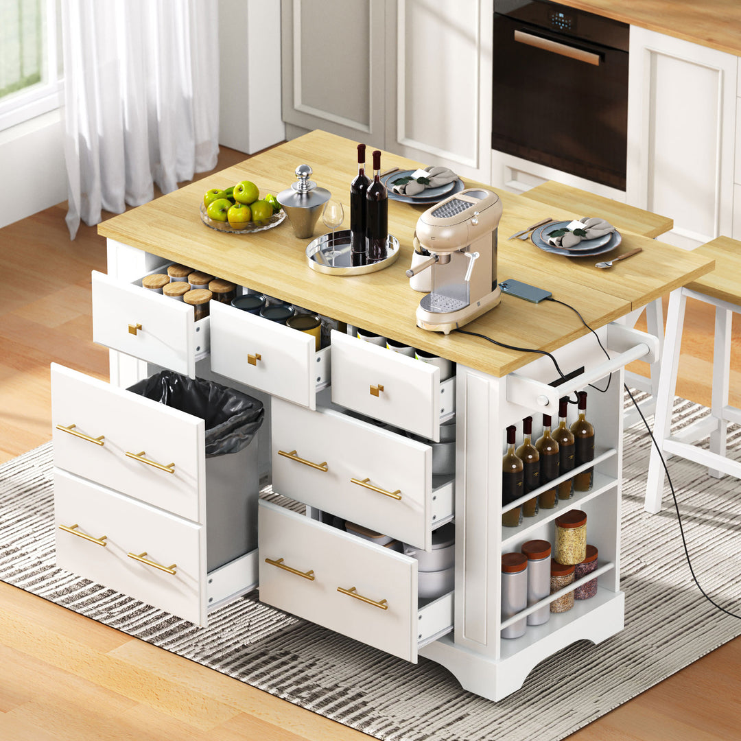 Rolling White Kitchen Island Cart on 5 Wheels with Drop Leaf Pull Out Trash Can Storage