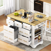 Rolling White Kitchen Island Cart on 5 Wheels with Drop Leaf Pull Out Trash Can Storage