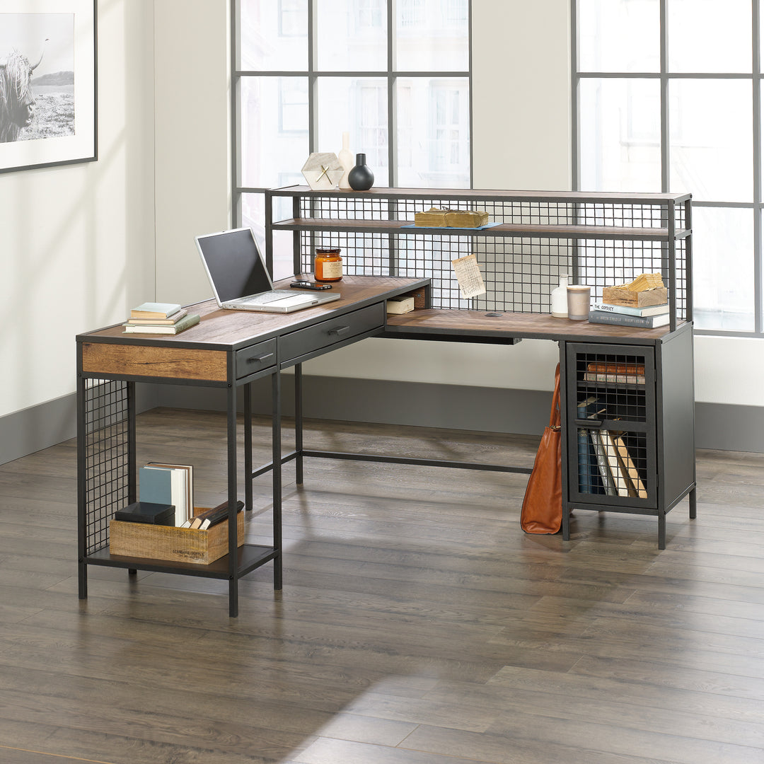 Industrial Brown Finish L-Shaped Computer Desk
