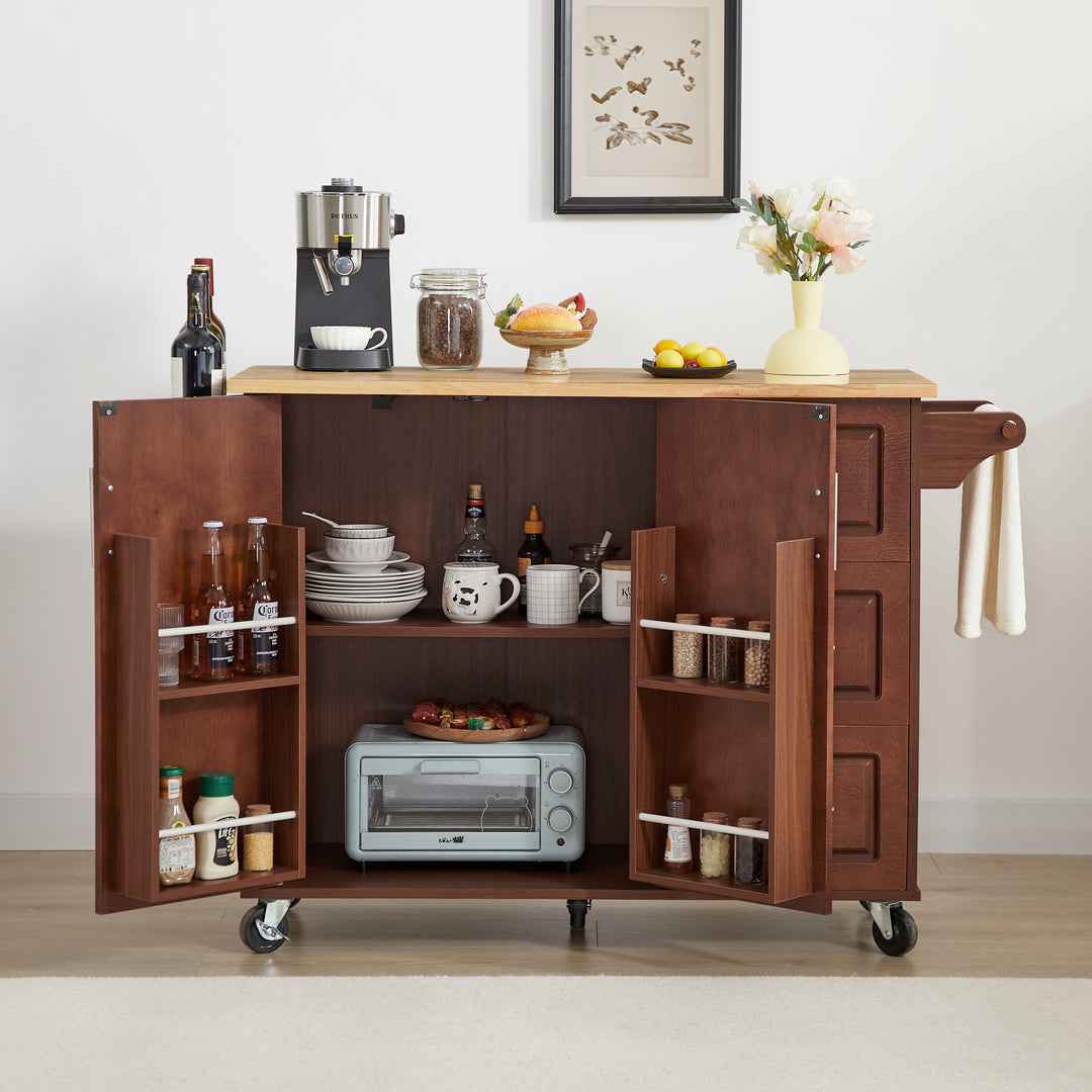 Retro Brown Rolling Kitchen Island Cart with Drop Leaf Countertop & Storage Cabinet
