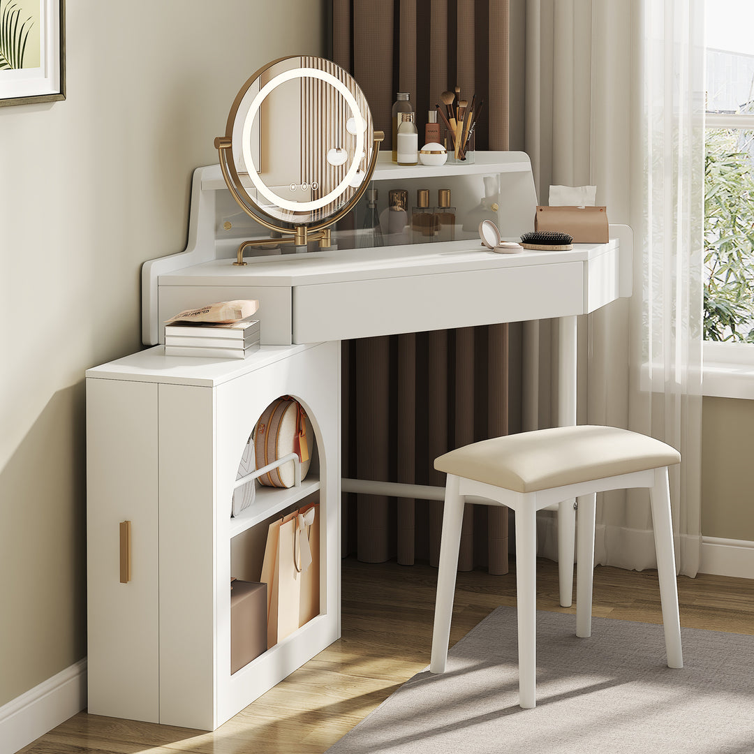 Modern Corner White Makeup Vanity Desk With Mirror & LED