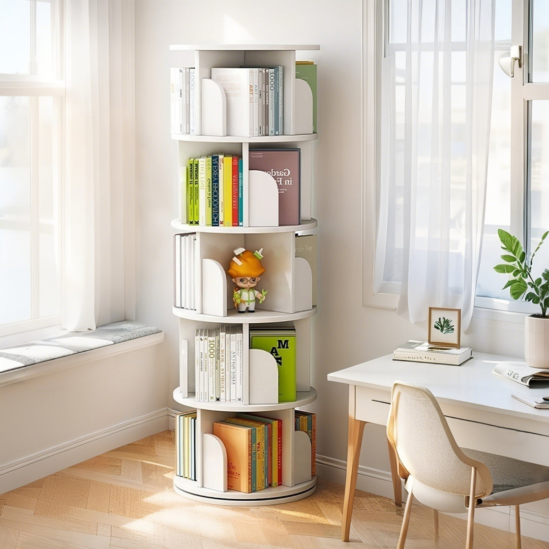 360° Display Round Spinning 5 Tier Rotating White Bookshelf