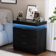 Modern Sliding Top Black Nightstand with Charging Station & LED Lights