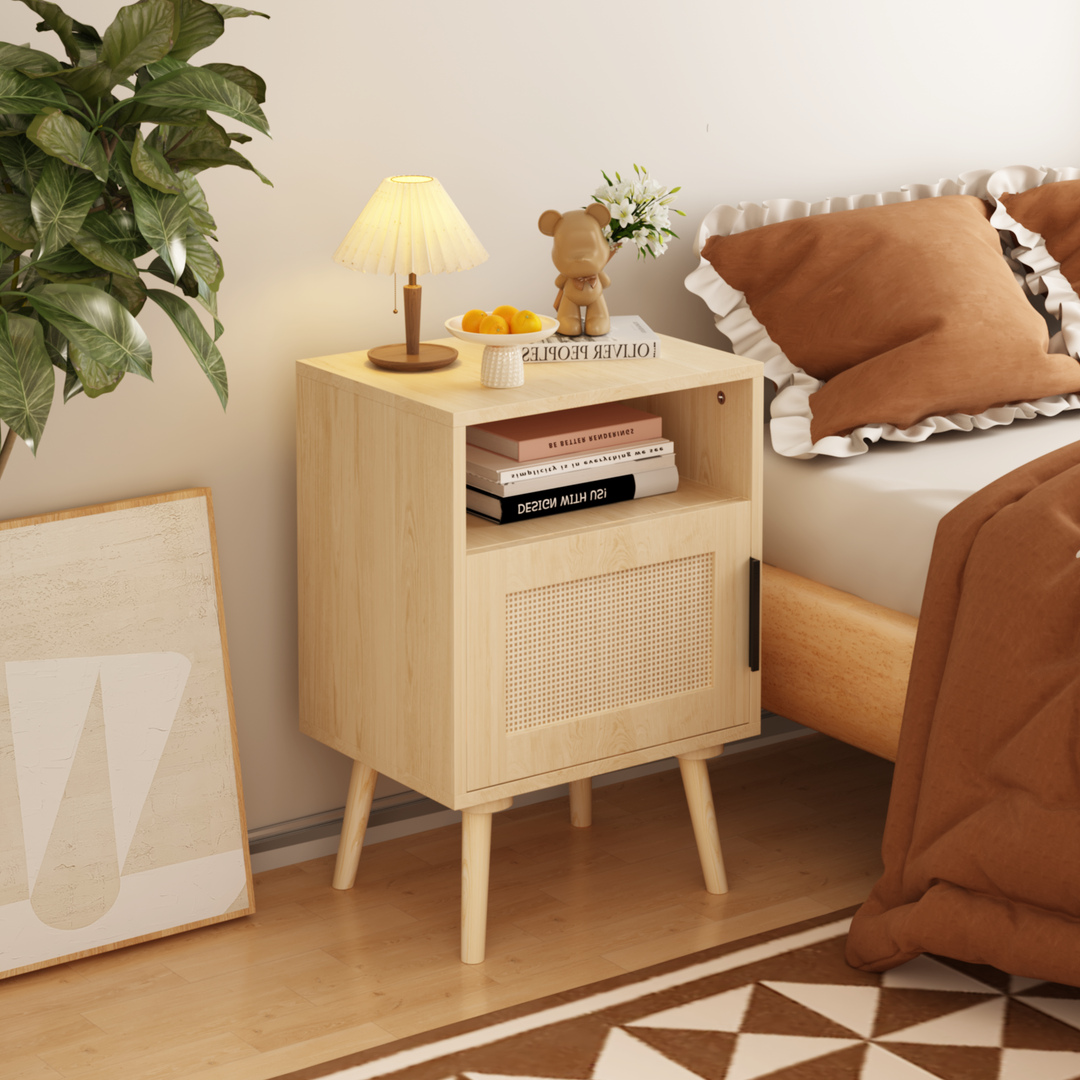 22.83'' H Rattan Nightstand Side Table with Door Open Shelf