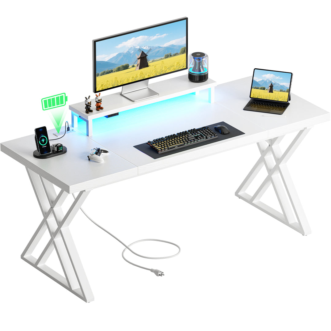 White X-Frame Computer Table Gaming Desk with USB Charging Station LED Light Strip