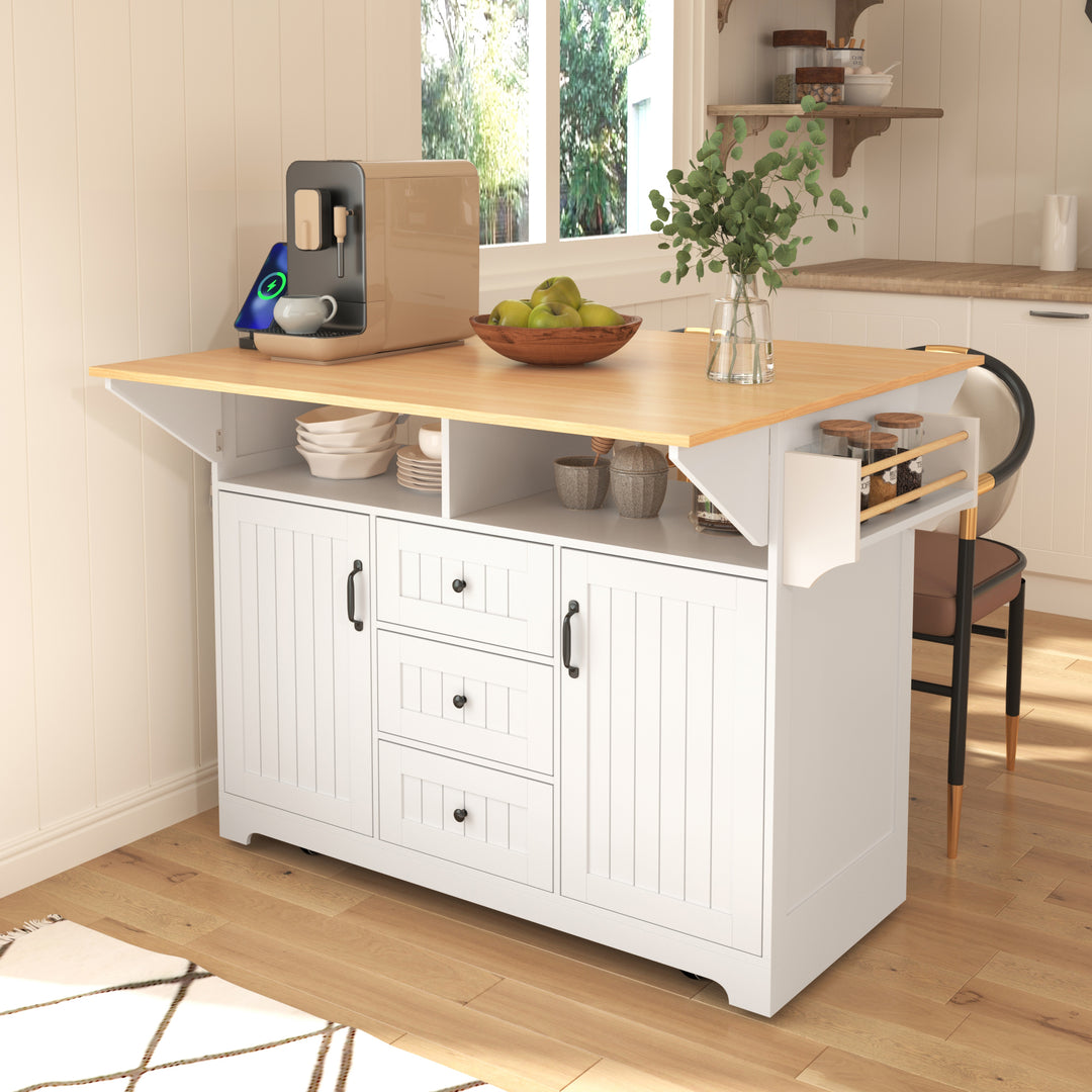 55.7'' White Rolling Large Kitchen Island Cart on 5 Wheels with Power Outlet & 2 Drop Leaf