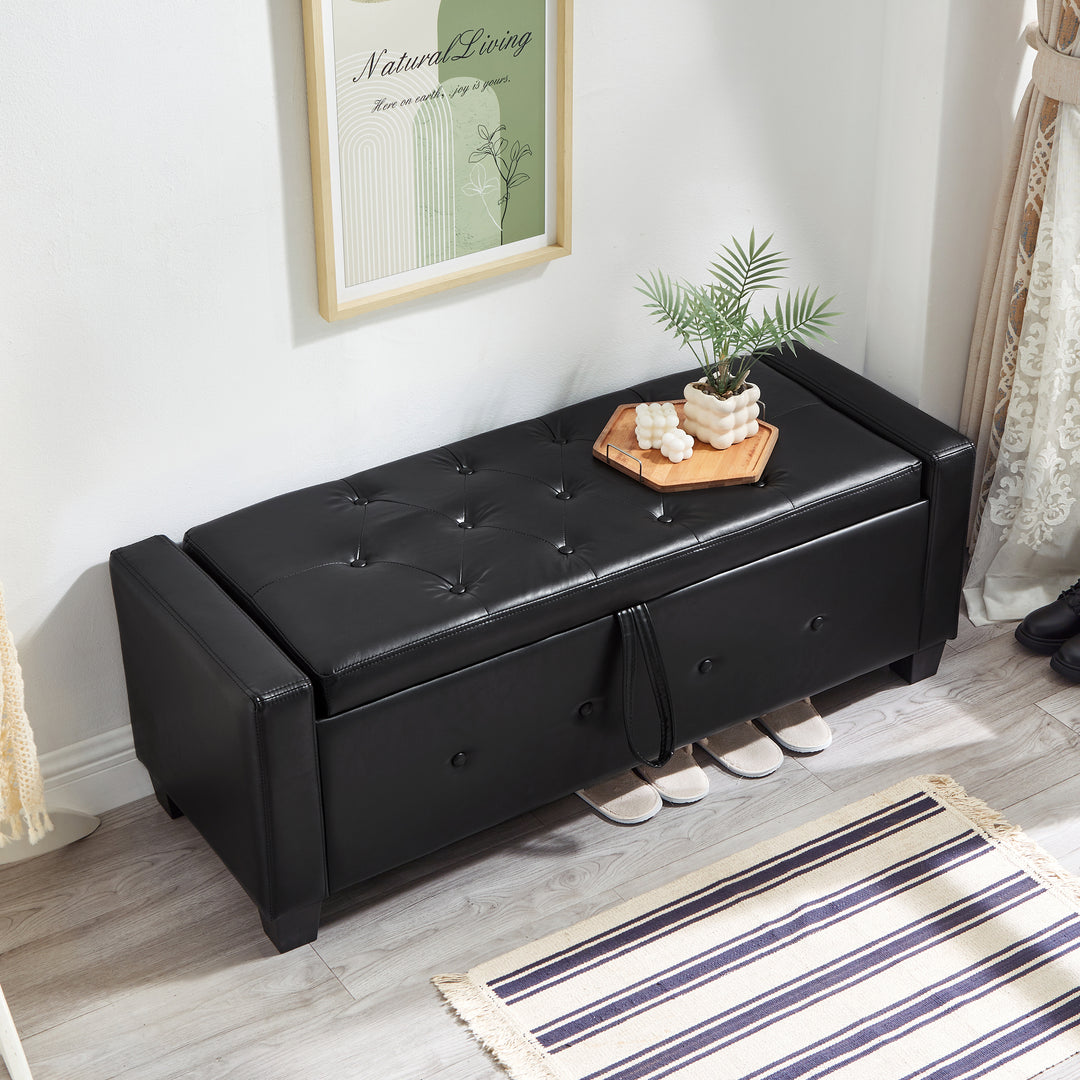 48'' Upholstered Tufted Faux Leather PU Ottoman Black Bench with Storage