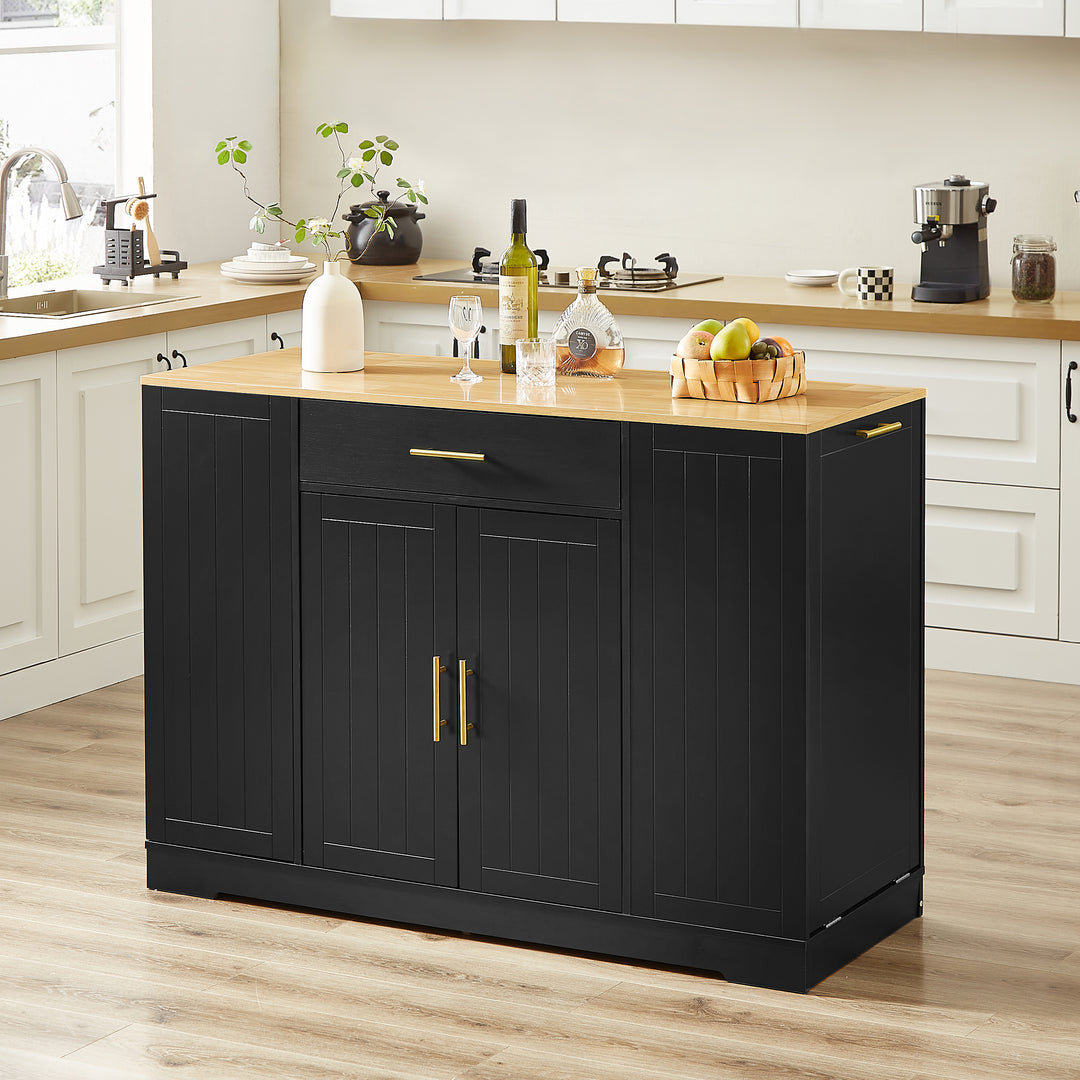 Modern 53'' Black Kitchen Islands Cart with Drawers and Trash Can Storage