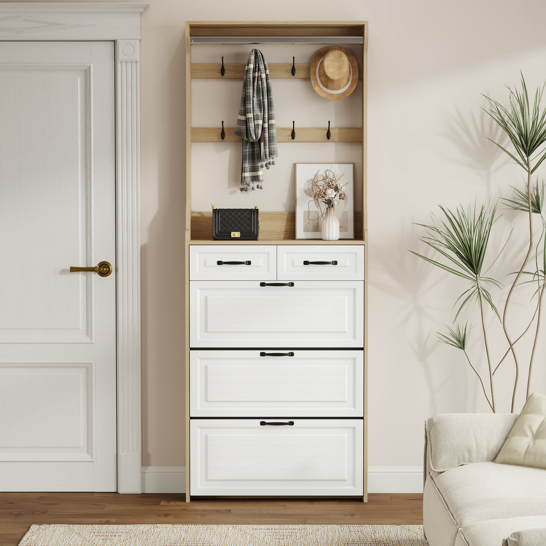 White Wooden Spacious Storage Space Shoe Cabinet With Hangers 3 Doors And 2 Drawers