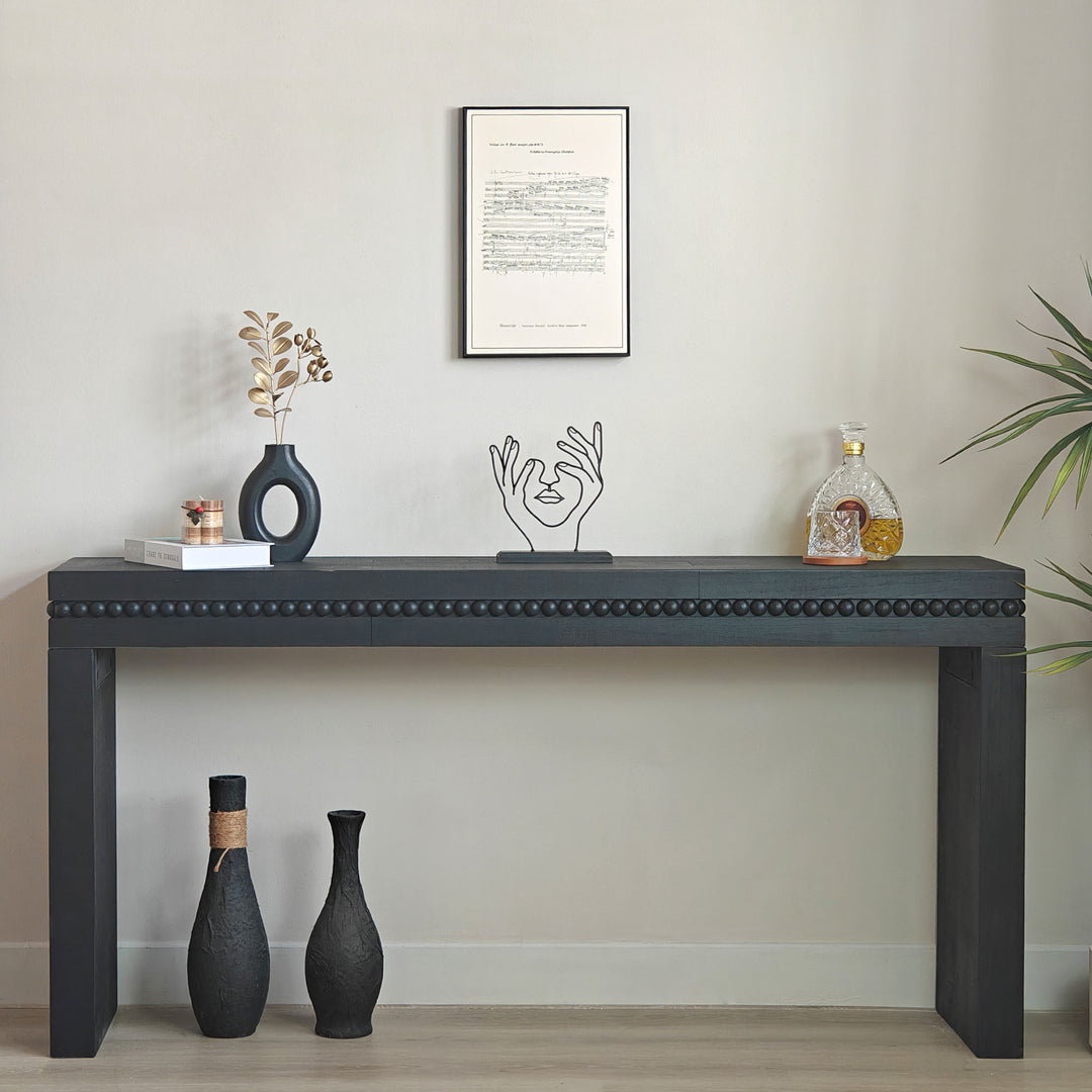 64 in Modern Black Wood Console Table with Decorative Beaded Trim