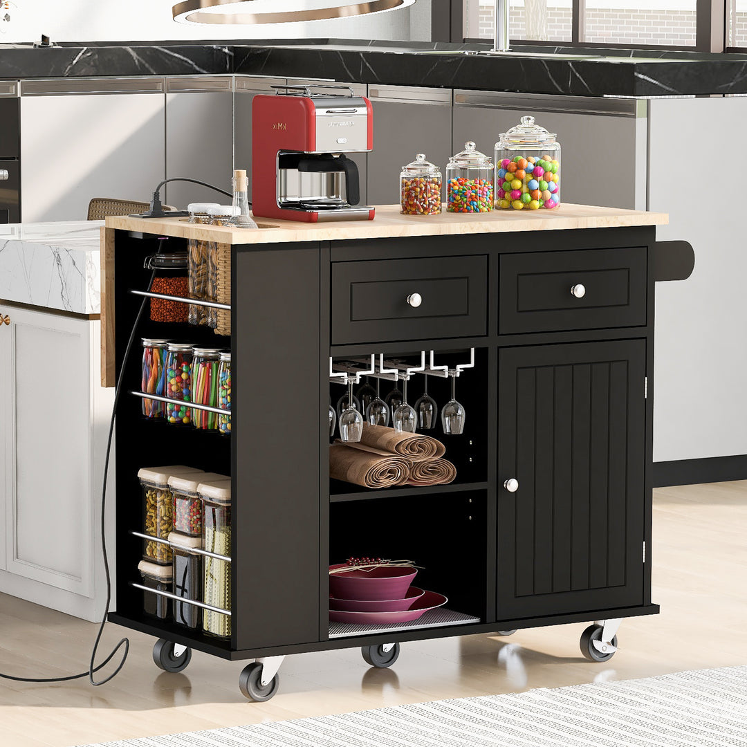 Black Open Storage Kitchen Island with 5 Wheels Power Outlet & Drop Leaf