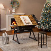 Adjustable Black Drawing Drafting Table Desk With 2 Drawers & Stool